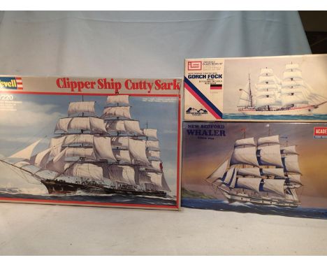 Three sailing ship kits, Revell Cutty Sark 1/220 scale, Imai Gorch Fock 1/350 scale, and Academy Whaler 1/200 scale, appear c