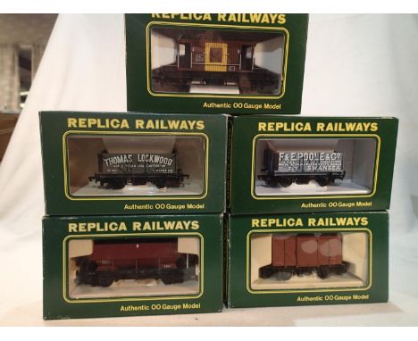 Five Replica Railways wagons, all different, includes Hopper and brake van, all excellent condition, boxes with wear. UK P&am