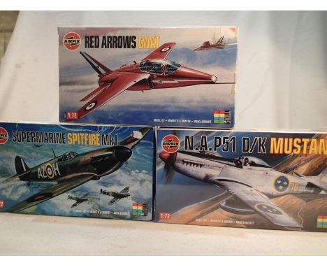 Three Airfix aircraft kits, 1/72 scale, Red Arrows Gnat, Spotfire MK1, and P51 Mustang, sealed, wear to boxes. UK P&amp;P Gro
