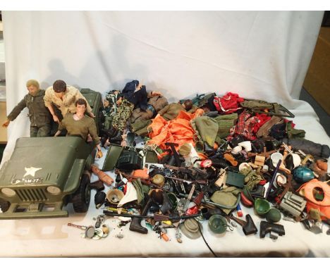 Three vintage Action Man dolls, plus part dolls, Jeep, and quantity of Action Man accessories, guns, knives, parachute, mess 