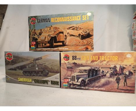 Three Airfix military related kits, 1/72 and 1/76 scale, German Reconnaissance set, 88mm gun and tractor, and Sherman Calliop