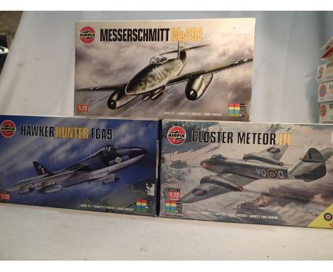 Three Airfix aircraft kits, 1/72 scale, ME 262, Hunter FGA9, and Gloster Meteor, all sealed, wear to boxes. UK P&P Group 1 (£