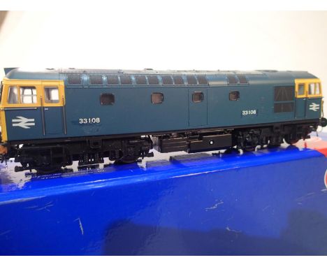 Heljan OO gauge, 3341, class 33 diesel, blue/yellow ends, re-numbered to 33108, detailed and weathered, good condition, box w