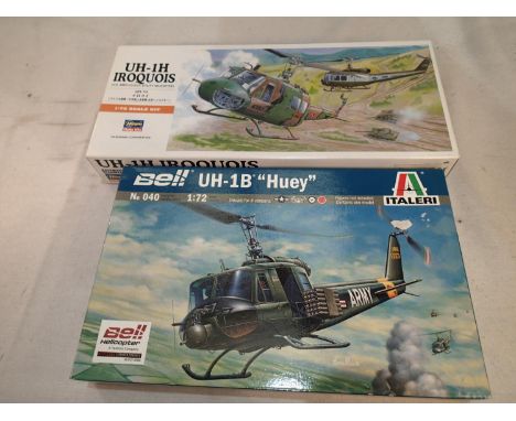 Two 1/72 scale helicopter kits, Hasegawa Iroquois, and Italeri Bell Huey, both as new, wear to boxes. UK P&amp;P Group 1 (£16