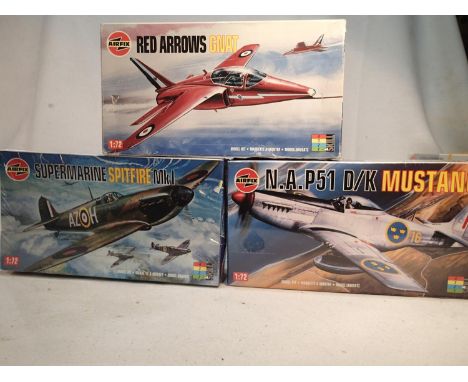 Three Airfix aircraft kits, 1/72 scale, Spitfire MK1, P51 Mustang, and Red Arrows Gnat, all factory sealed. UK P&amp;P Group 