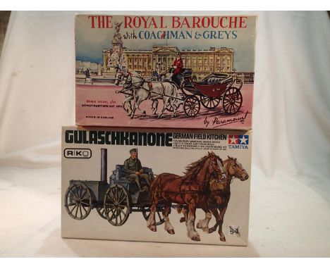 Two horse drawn vehicle kits, Tamiya 1/35 scale German field kitchen, and Paramount 1/30 scale Royal Barouche with coachman a