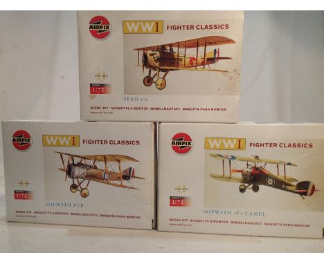 Three Airfix aircraft kits, 1/72 scale, Spad VII, Sopwith Pup, and Sopwith Camel, sealed, wear to boxes.UK P&amp;P Group 1 (£