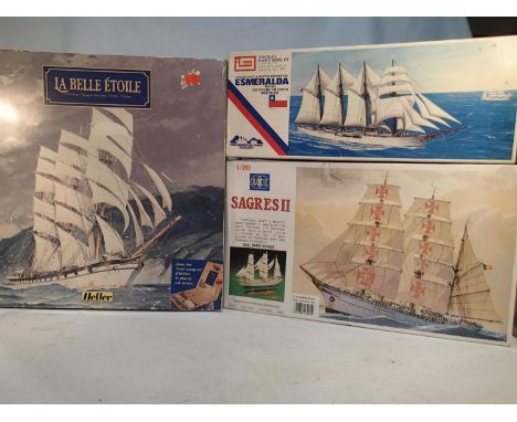 Three sailing ship kits, Heller La Belle Etoile 1/250 scale, Imai Esmeralda 1/350 scale, and Lee Sagres II 1/350 scale, appea