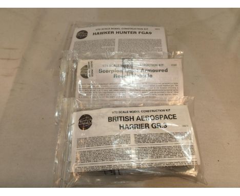 Three Airfix kits, 1/72 and 1/76 scale, Harrier GR3, Hunter FGA9, and Scorpion Light Armoured Recce vehicle, all bagged, as n