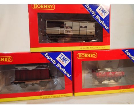 Hornby/TMC, three TMC weathered Hornby wagons, R6824 toad brake van, R6776 conflat, R6804 three plank, near mint, boxed. UK P