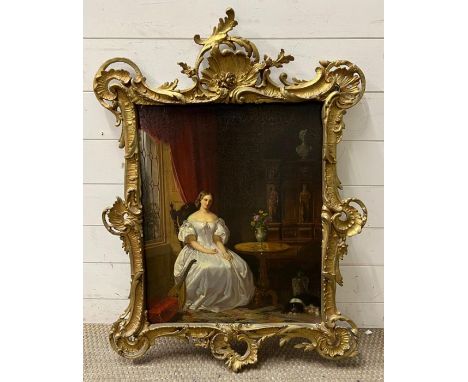 A portrait of a lady in her parlour in a gilt frame, unknown artist 