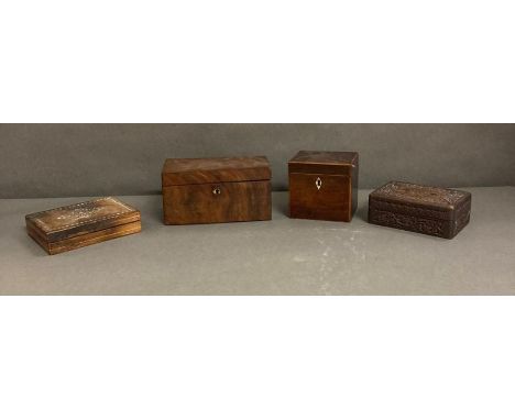 A selection of three vintage boxes and an antique tea caddy 