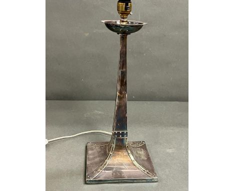 Arts and Crafts white metal table lamp base, stamped Goldsmiths of London. The lamp is a square based form with strap and fau