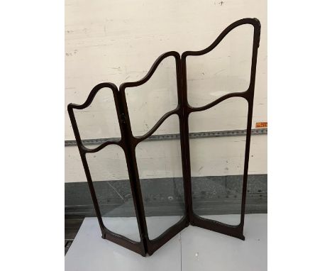 Three panel glass screen in a mahogany frame 