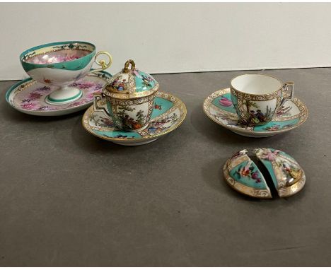 Two Dresden style cup and saucers made by Helena Wolfson and one other 