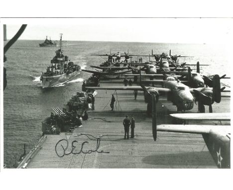 WW2 Doolittle Raider R E Cole signed 6 x 4 inch b/w photo of bomber on the Aircraft carrier. Good condition. All autographs c