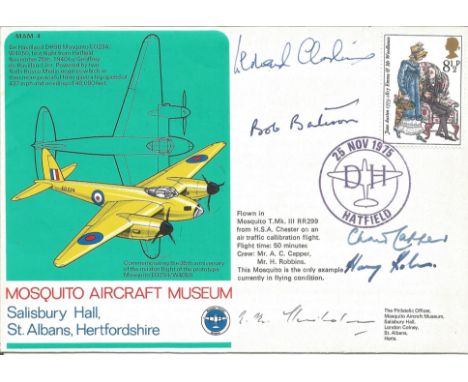 WW2 bomber aces multiple signed Mosquito Aircraft Museum cover. Signed by Air Cdre R Chisholm DSO DFC, Leonard Cheshire VC, A