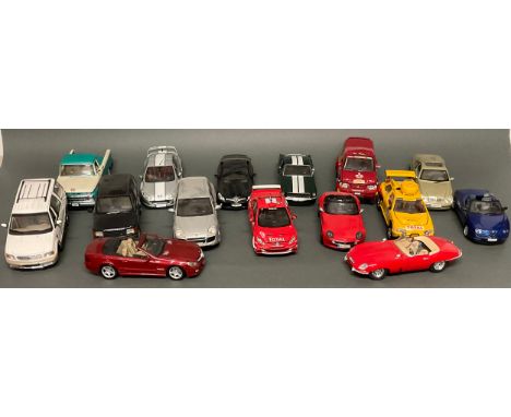 Model Cars - Sun Star, Peugeot 307 WRC, 1/18 scale; Burago, Jaguar "E" 1961, 1/18 scale; Racing Champions, Ford Mustang, 1/18