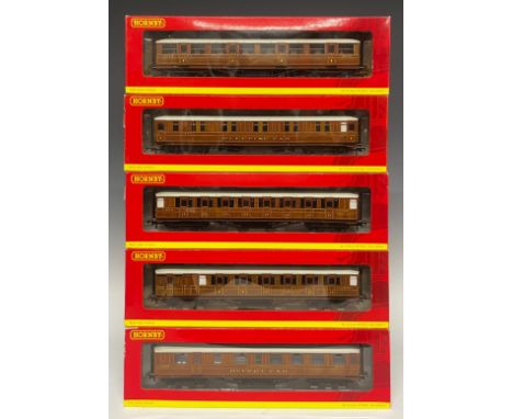 Hornby Model Railways - five stock cars/coaches comprising R4173A LNER 61ft 6in '32372' Buffet Car, 00 gauge, boxed; R4174 LN