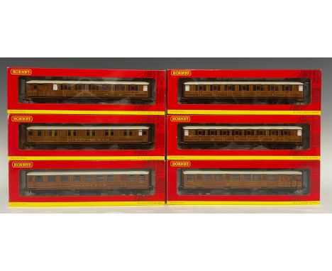 Hornby Model Railways - six stock cars/coaches comprising R4173 LNER 61ft 6in '21608' Buffet Car, 00 gauge, boxed; R4174A LNE
