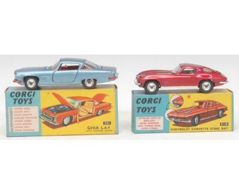 Corgi Toys - 241 GHIA L.6.4 with Chrysler Engine, metallic blue body, red interior, trademark plastic Corgi dog figure to the