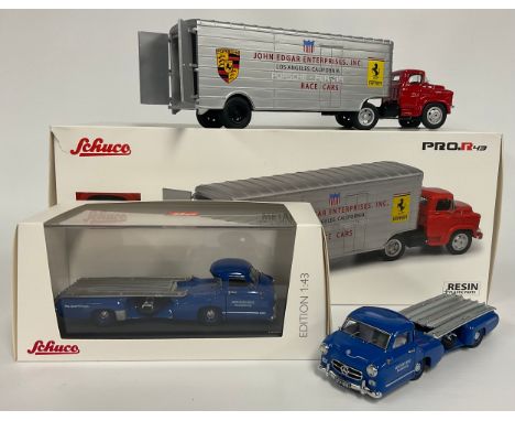 Schuco - Pro.R43 Renntransporter "John Edgar Enterprises", 1/43 scale, boxed; Mercedes-Benz Rennwagen-Schnelltransporter, box