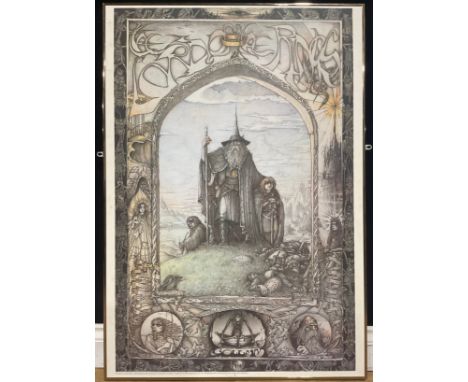 A Lord of the Rings promotional print, depicting Gandalf with Frodo Baggins and Samwise Gamgee, designed by J. Cauty, publish