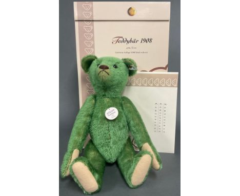 Steiff (Germany) EAN 408540, Teddy Bear 1908, to commemorate 125 Years 1880 - 2005, green mohair, trademark 'Steiff' button t