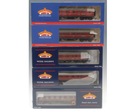 Bachmann Branch-Line Model Railways - five stock cars/coaches/parcel vans comprising 34-327B 50ft Crimson LMS parcel van, 00 