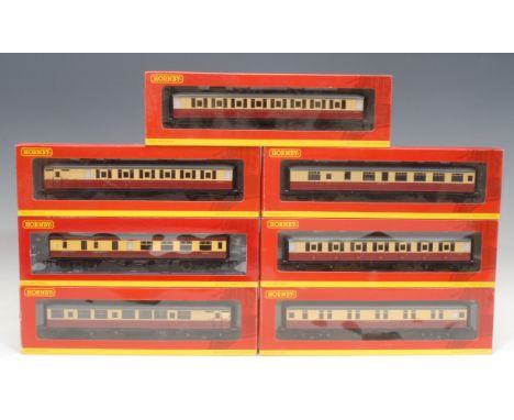 Hornby Model Railways - seven stock cars/coaches comprising R4181 BR 61ft 6in Buffet 'E9133E' Car, 00 gauge, boxed; R4179 BR 