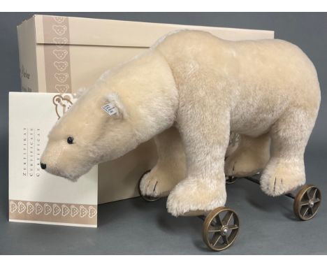 Steiff (Germany) EAN 400544, Polar Bear On Wheels 1910, replica, cream mohair, trademark 'Steiff' button to ear with black an