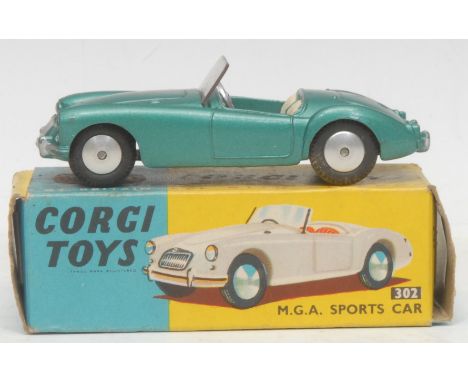 Corgi Toys - 302 M.G.A. Sports car, metallic green body, green and cream interior, windscreen intact, boxed (yellow and blue 
