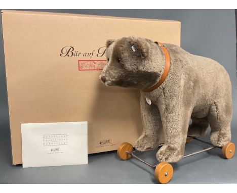 Steiff (Germany) EAN 400384, Bear On Wheels 1921, replica, brown mohair, trademark 'Steiff' button to ear with black and whit