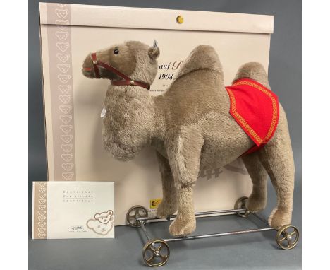 Steiff (Germany) EAN 400438, Camel On Wheels 1908, replica, brown mohair, trademark 'Steiff' button to ear with black and whi