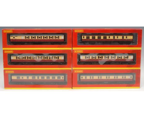 Hornby Model Railways - six stock cars/coaches comprising R4181A BR 61ft 6in Buffet 'E9112E' Car, 00 gauge, boxed; R4179A BR 