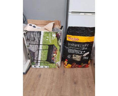 BOXED PORTABLE SAFARI GRILL TOGETHER WITH A BAG OF INSTANT LIGHT LUMPWOOD CHARCOAL