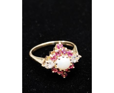 9CT GOLD OPAL, CZ AND PINK STONE CLUSTER RING SIZE M 3G