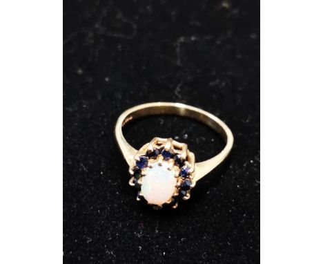 9CT GOLD OPAL AND SAPPHIRE CLUSTER RING SIZE N 2.2G