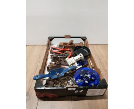BOX OF MISCELLANEOUS TOOLS INC RECORD PLANE ETC