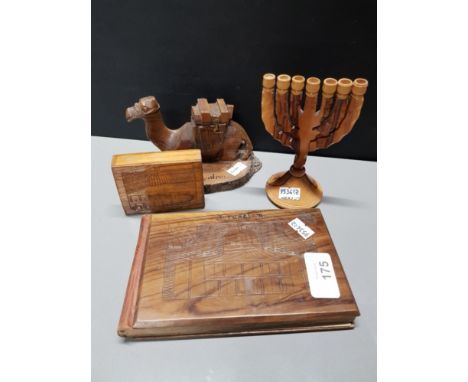 WOODEN JERUSALEM CAMEL INKWELL MATCH BOX AND MENORAH CANDLESTICK PLUS JEWISH ALBUM