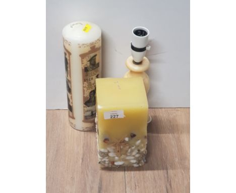 GREAT BRITAINS MILLENNIUM CANDLE TOGETHER WITH SHELL WORK CANDLE AND MARBLE BASED TABLE LAMP