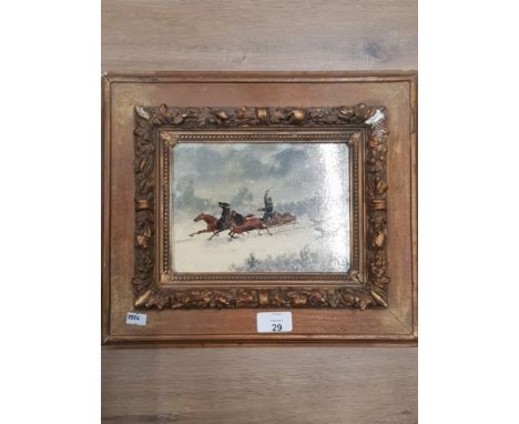 FRAMED OIL ON PANEL OF A RUSSIAN TROIKA IN A SNOW STORM PURSUED BY WOLVES INDISTINCTLY SIGNED