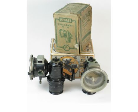 A Pair of 'Calcia Cadet' Acetylene Gas Lamps by Lucas Ltd. Both being models No 133, unused with original black enamel and ni