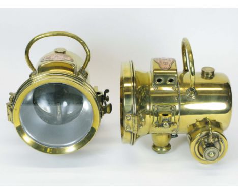 Howes &amp; Burley Lamps A sided-pair of self-contained acetylene-gas lamps dating just pre-WWI. Finished in polished brass a