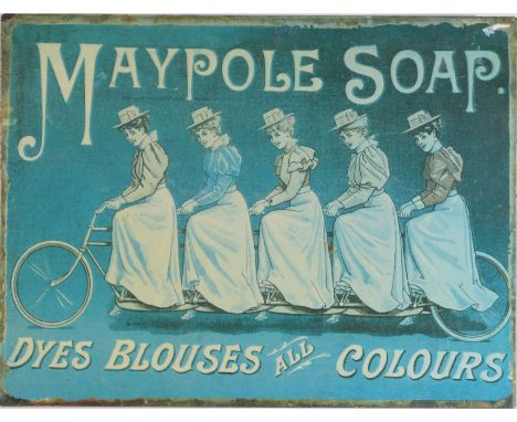 Maypole Soap Advertisement A transfer-printed, single-sided tin sign with serrated rear brackets to allow for either shelf ha