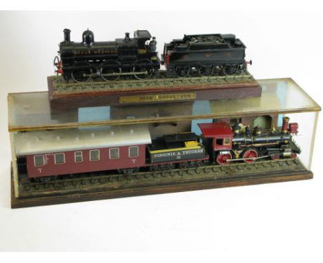 Two Locomotive Models A diorama of a 4-4-0 engine and carriage, and a scratch-built display model of a 0-6-0 shunter and tend