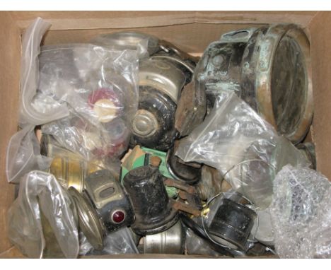 A Box of Lamp Spares  to include glasses, motorcycle acetylene gas lamps and generator, a CAV Model HS side lamp. Also a box 