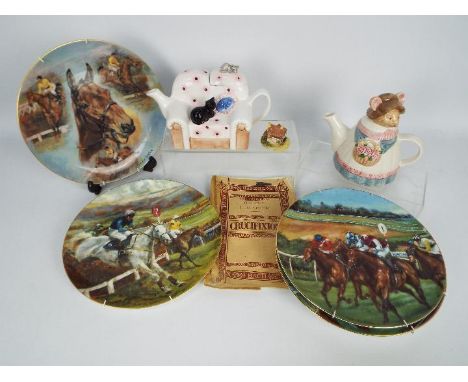 A mixed lot to include five Coalport Fine Bone China plates depicting various horse races, two ceramic teapots in the form of