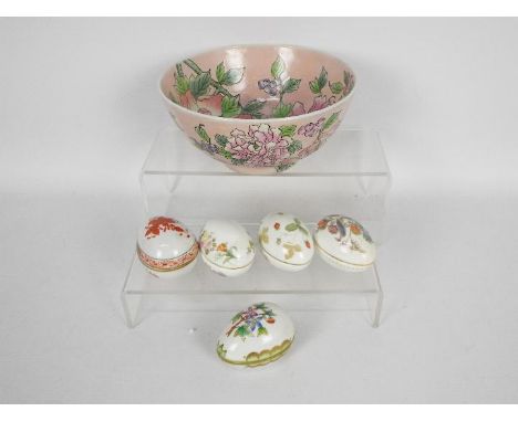Six egg form trinket pots including two with hand painted floral decoration by Herend and a Chinese bowl decorated with chrys