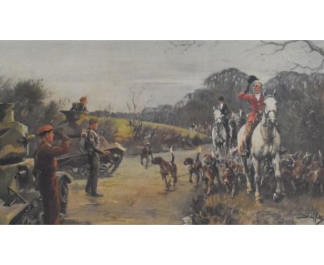 Artist unknown, 20th century colour print showing a British hunting party meeting soldiers with tanks on a country road, with